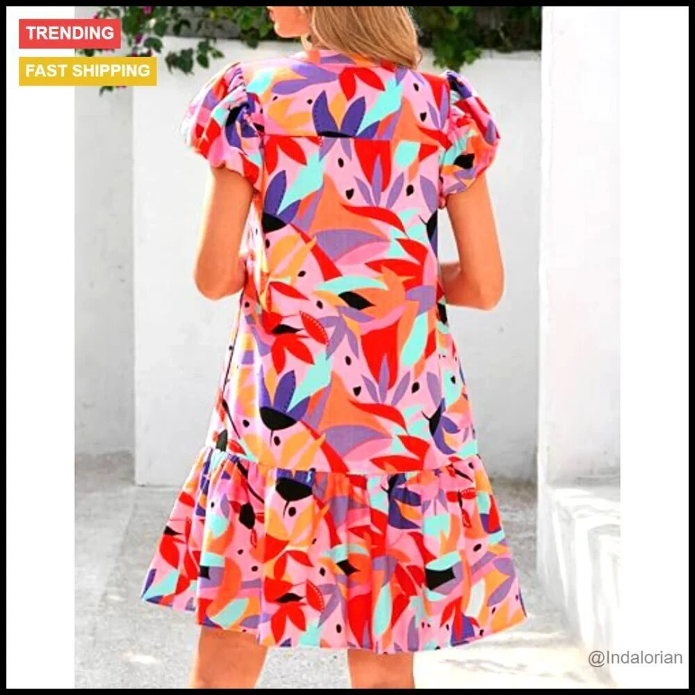 Puffy Sleeve V-Neck Boho Mini Dress Flowy A-Line with Pockets Summer Casual